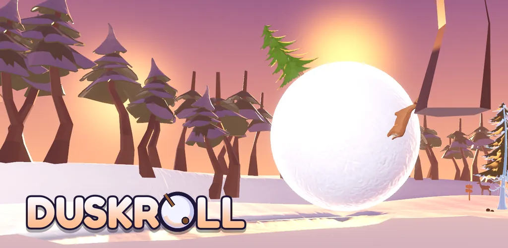Duskroll: a giant snowball rolling through pines at dusk