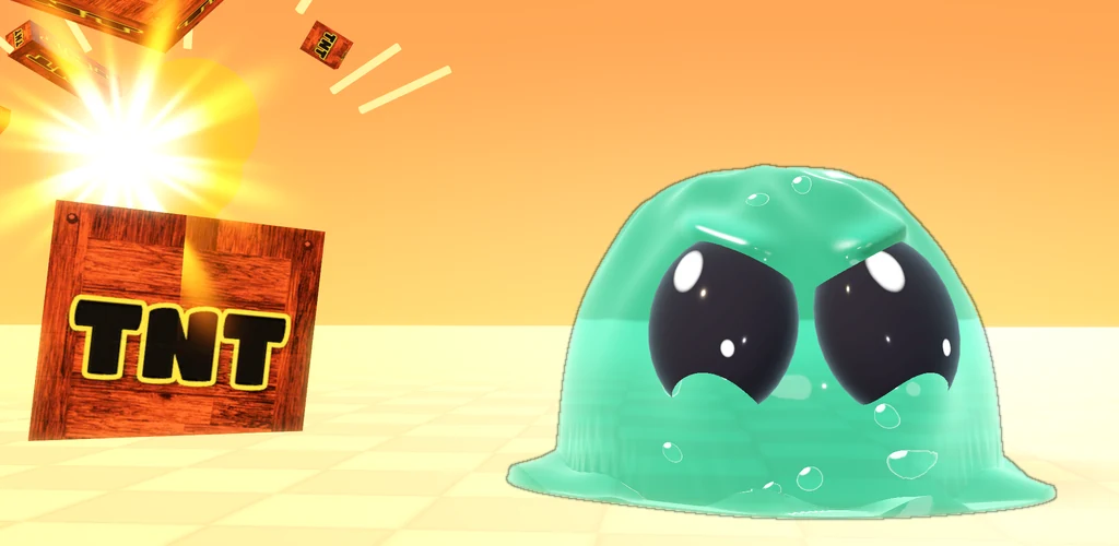 Gelbound: a glossy green slime beside an exploding TNT crate