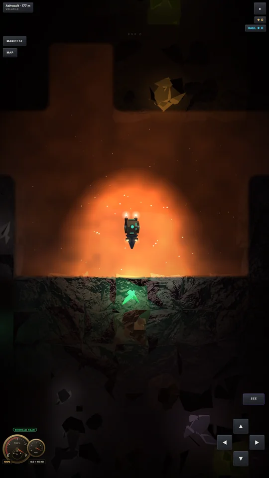 An emerald key crystal in the rock below the ship