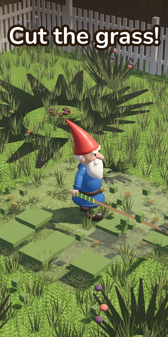 A garden gnome cutting tall grass