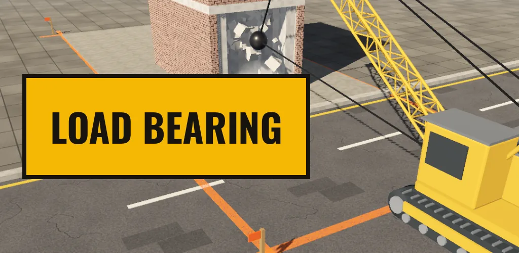 Load Bearing: a yellow crawler crane swinging a wrecking ball into a brick building